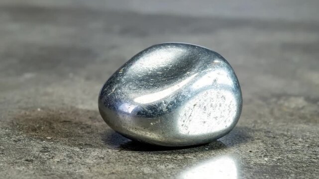 Polished metallic hematite stone with subtle surface imperfections on a textured gray background