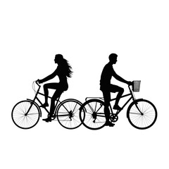 Fototapeta premium Silhouette of couple riding bicycles together, man and woman cycling, outdoor summer activity, isolated white background