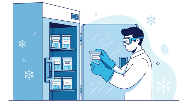 Scientist in Lab Coat and Gloves with Samples in Freezer, Scientific Research