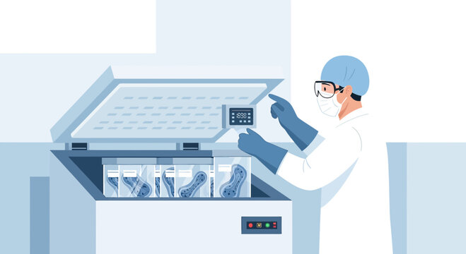 Scientist in Lab Coat and Gloves Working with Samples in Freezer