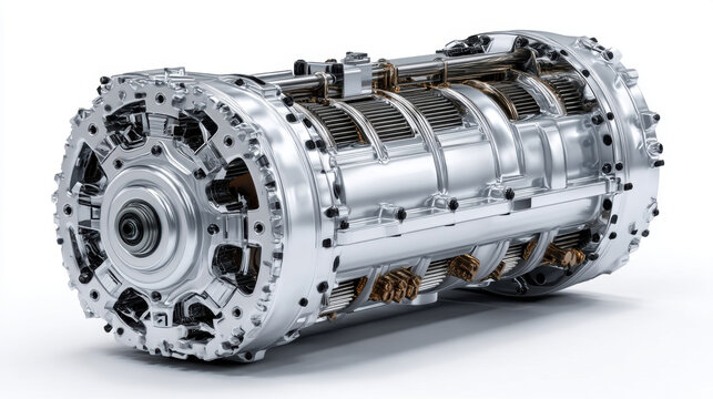 High detail transparent electric motor isolated on white background, futuristic engineering render featuring advanced automotive drivetrain technology, precision mechanical components and industrial 