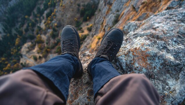 Persons Legs and Feet Sitting on Rocky Cliff Edge Overlooking Landscape.