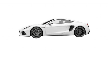 Fototapeta premium Side view of a white sports car with dark alloy wheels and black air intakes, isolated on a solid black background
