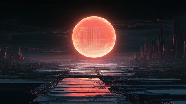 Futuristic city under a giant red moon.
