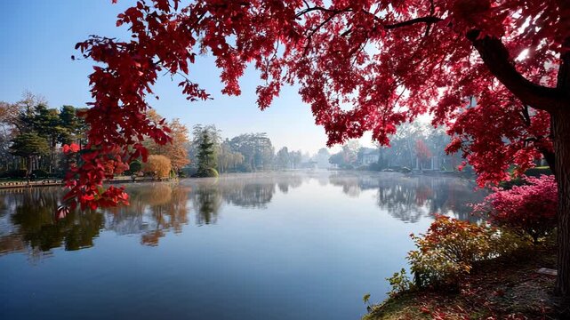 Red autumn leaves framing a misty lake