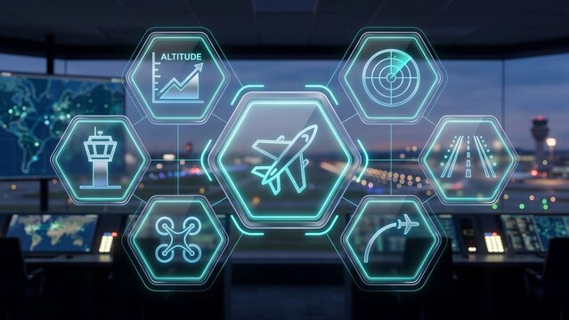 Airport flight operations technology concept showing altitude tracking radar drone surveillance runway and air traffic control tower management