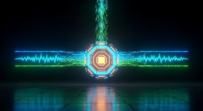 Central quantum hub pulses with neon light beams and data particles in a futuristic dark environment. Ideal for high-tech cloud computing infrastructure marketing.