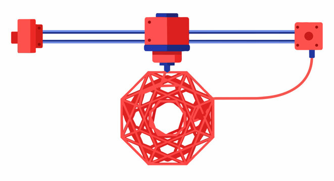 Flat Vector Illustration of a 3D Printer Creating a Complex Red Geometric Lattice Structure. Concept of Additive Manufacturing, Technology, and Rapid Prototyping.