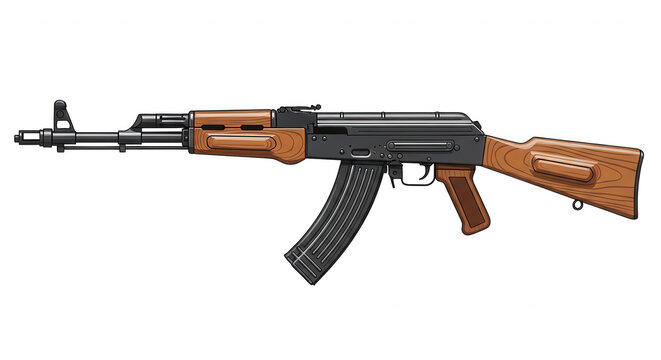 Side view of an ak-47 assault rifle with a black metal barrel, receiver, and wooden stock and handguard on a black background