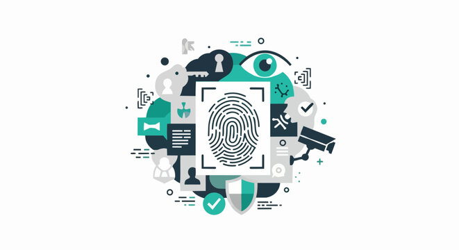 Cybersecurity and Biometric Data Protection Illustration with Fingerprint, Surveillance, and Encryption Icons