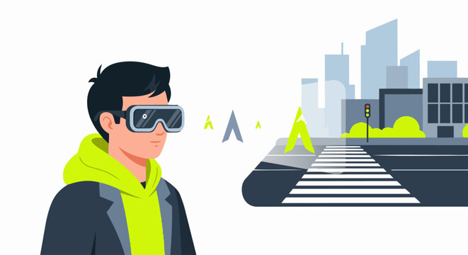 Man wearing augmented reality smart glasses for navigation in a modern city. Vector illustration of futuristic wearable technology showing digital GPS arrows on a street.