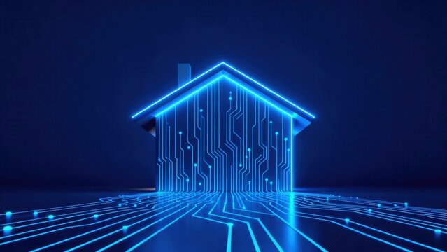 Glowing digital house with circuit patterns