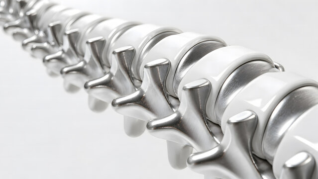 Bionic artificial human spine model with mechanical joints. futuristic white prosthetic backbone for medical implant innovation, orthopedic surgery, and cybernetic healthcare.