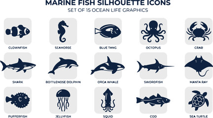 Set of 15 marine fish and ocean life silhouette icons in blue and dark tones © Mim Art