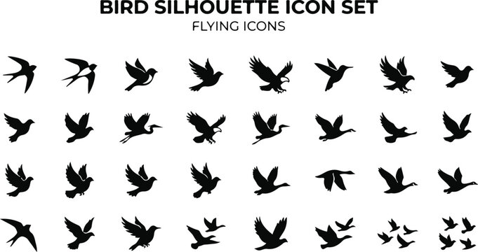Black and white flying bird silhouette icons set