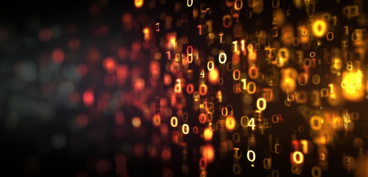 Abstract Digital Binary Code Flowing Through Dark Space with Glowing Lights.