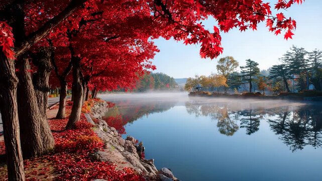 Red maple trees by a misty lake in autumn