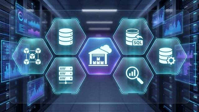 Data warehouse SQL analytics blockchain and server management technology concept in data center for enterprise business intelligence and storage solutions