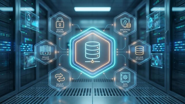 Secure database storage with encryption backup archive server cluster and data vault technology concept in data center for enterprise compliance solutions