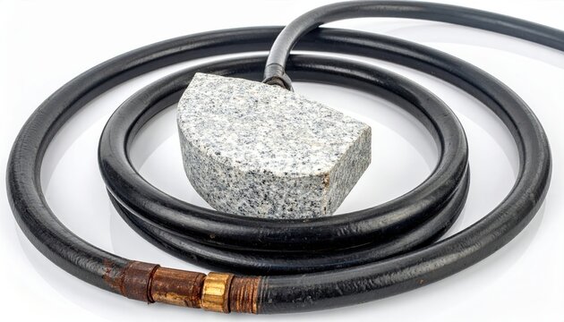 Black heavy duty rubber hose kinked and obstructed by a heavy granite block weight, symbolizing stopped flow, system failure, or industrial inefficiency in a widescreen horizontal composition.