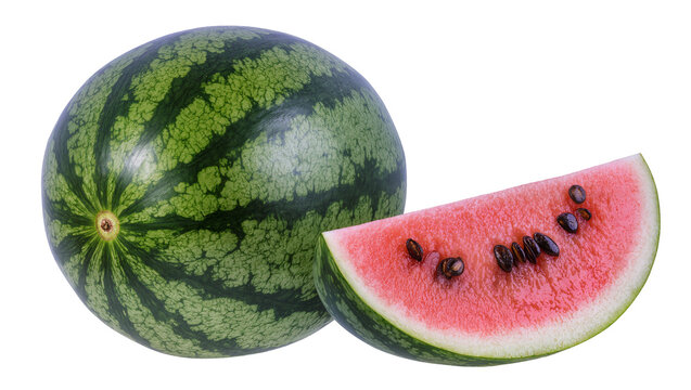 Whole and Sliced Green Striped Watermelon with Black Seeds
