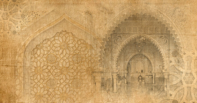 Desert Journey Ancient Arches and Distant Mosques . canvas texture background with islamic . Old brown ramadan and free space for text arabic . Islamic Background Arabic Muslim Holy Month Ramadan