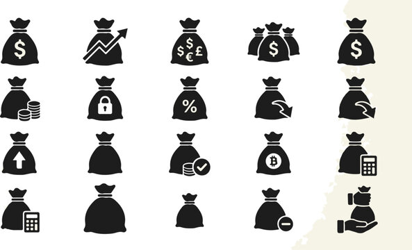 Set of twenty black and white money bag icons with different financial symbols and actions