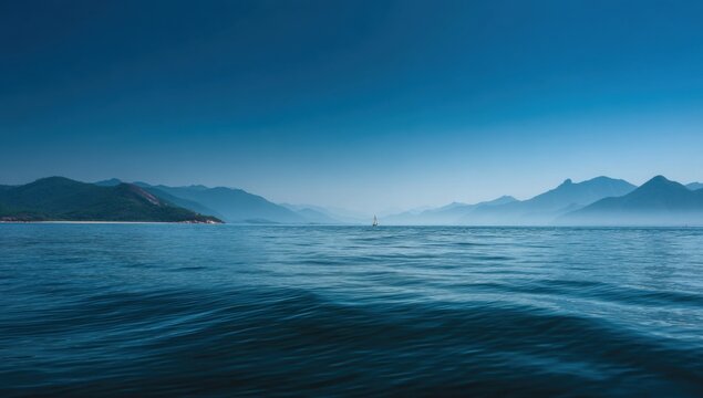 Serene Ocean Vista with Distant Misty Mountains Under a Clear Blue Sky.