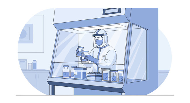 Scientist in Hazmat Suit Working in Biosafety Cabinet with Vials and Equipment