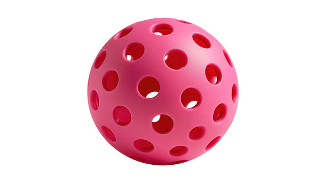 Pink perforated plastic ball for pickleball, showcasing its lightweight design and suitability for active play, representing modern sports equipment on a transparent background