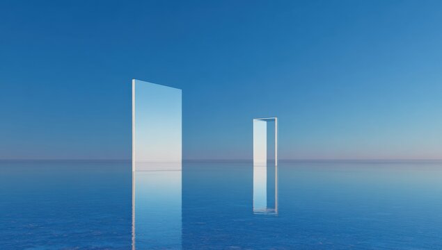 Two tall glass monoliths stand in a vast expanse of calm blue water under a clear sky.