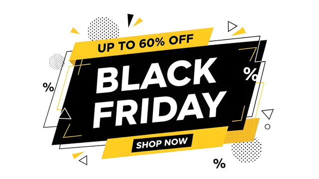 Black friday sale with up to 60% off and shop now button as isolated element
