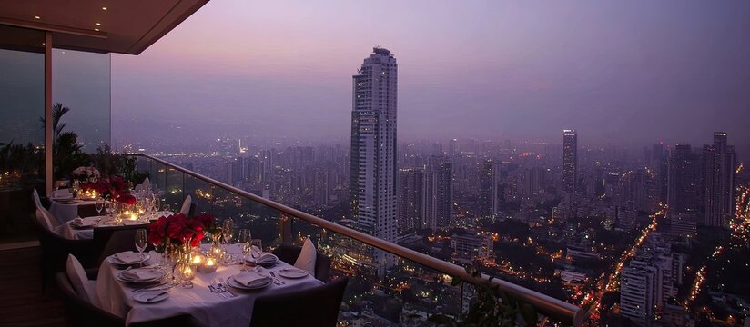 Rooftop dining overlooking a city at twilight