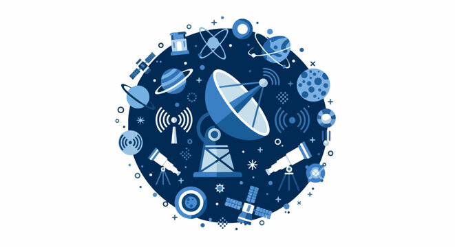 Space Exploration and Astronomy Flat Illustration Concept with Satellite Dish, Telescope, Planets, and Telecommunication Icons in Monochrome Blue