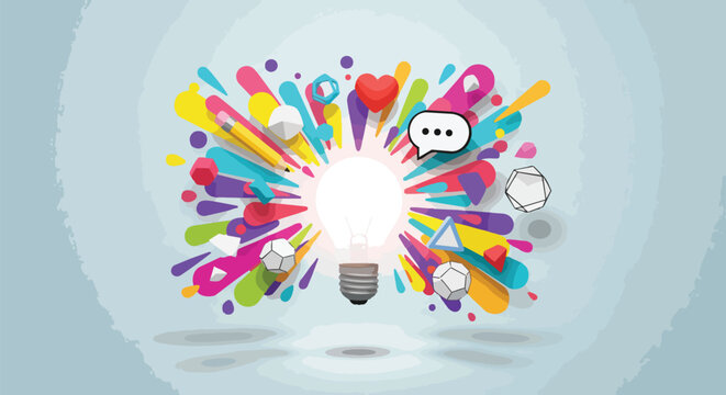Bright light bulb exploding with colorful abstract shapes, geometric forms, pencil, and speech bubble, concept for creativity, innovation and marketing.