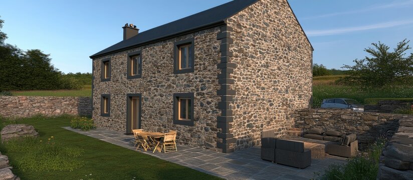 Stone house with patio area