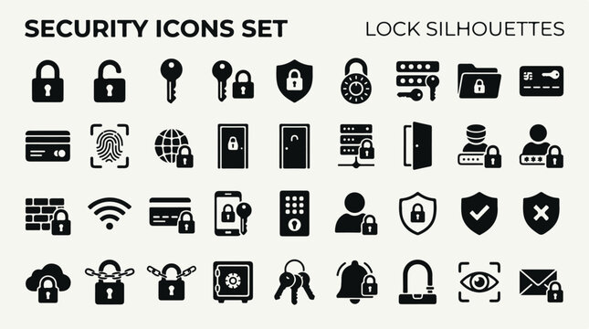Flat security icons set with lock silhouettes for digital protection design