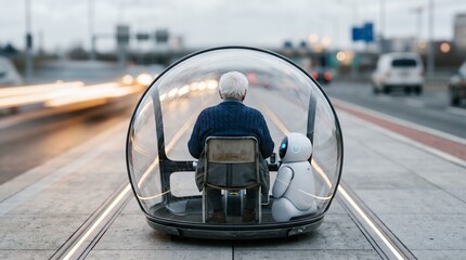 Fototapeta premium Elderly man with robot riding futuristic self-driving vehicle in urban setting.