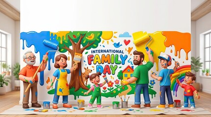 Fototapeta premium Family painting a large mural together for International Family Day