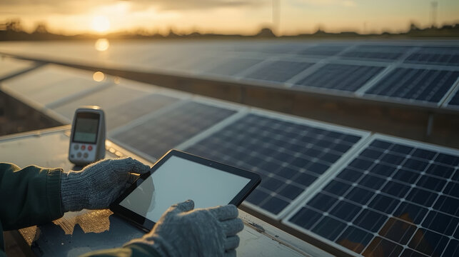 Engineer Using Digital Tablet For Solar Panel Monitoring During Renewable Energy Sunset Inspection