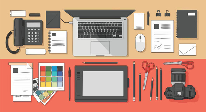 Creative workspace with laptop, graphic tablet, camera and office supplies, flat lay, ideal for design, technology and business.