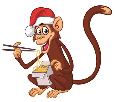 Cartoon funny hungry monkey eating fast food hot noodles or ramen from meal box with chopsticks and wears Santa Hat for Christmas
