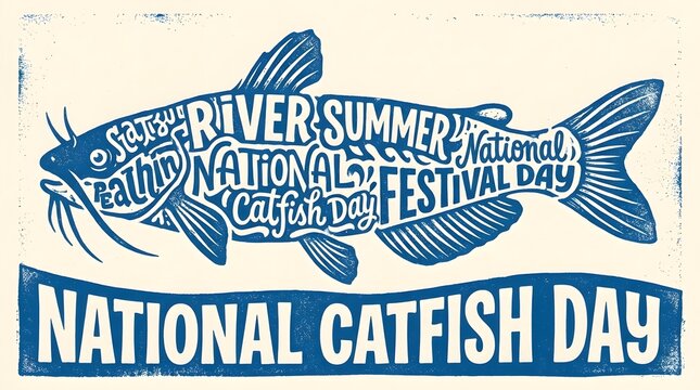 Bold Modern Typography Poster of Giant Catfish Formed from Hand-Lettered Words for National Catfish Day, Dynamic Ink Illustration with High-Contrast Blue and Cream Editorial Design