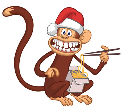 Cartoon funny hungry monkey eating fast food hot noodles or ramen from meal box with chopsticks and wears Santa Hat for Christmas