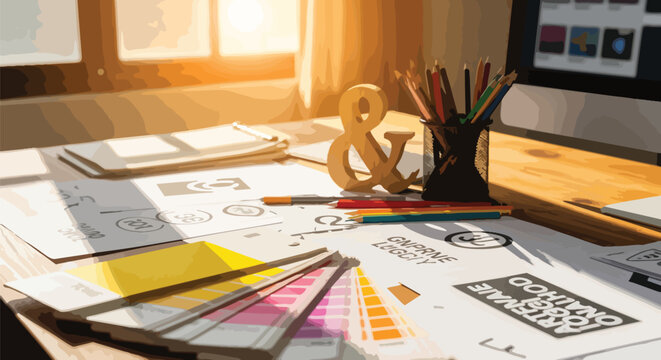 Designer's desk with color swatches, pencils, and computer, showcasing creative process, ideal for graphic design, branding and advertising.
