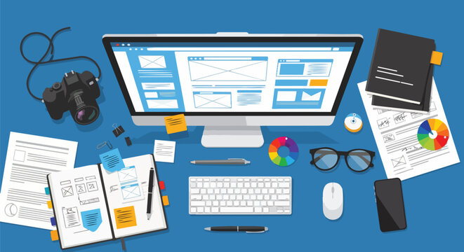 Desktop with computer, camera, notebook and design tools, top view, concept for graphic design, web development and creative workflow.