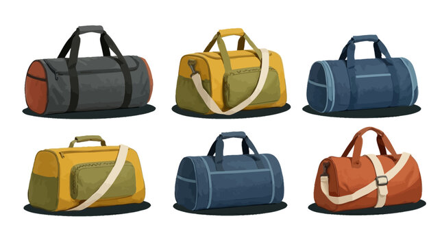 Collection of multi colored duffel bags for travel and gym in various styles and materials
