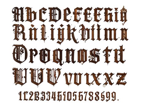 Ornate, dark-brown, gothic alphabet and numbers