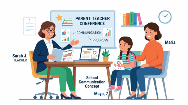 Teachers and parents discuss student progress during a warm parent teacher conference in a bright classroom