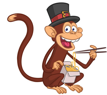 Cartoon funny hungry monkey eating fast food hot noodles or ramen from meal box with chopsticks wears top hat
